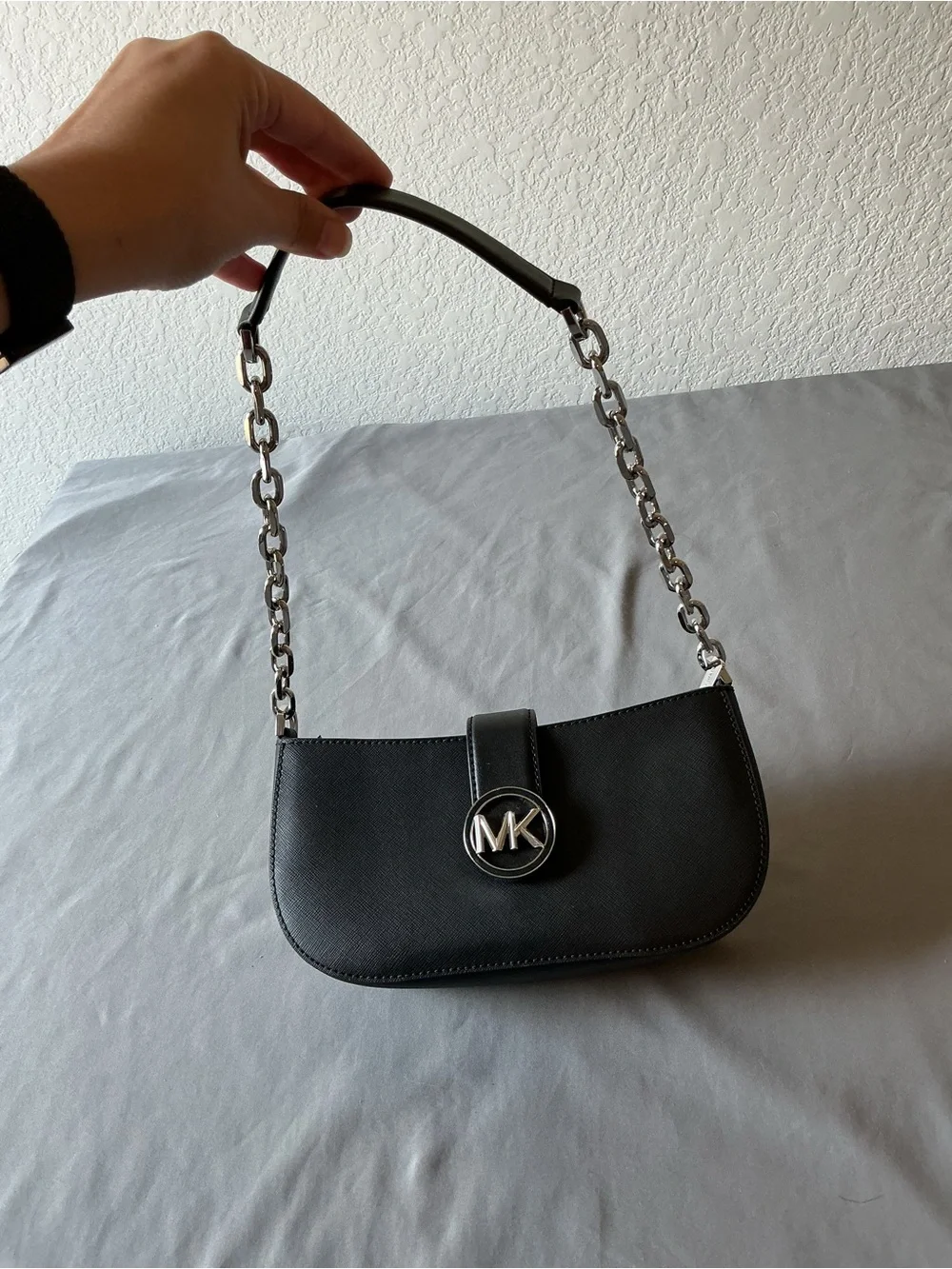 Michael Kors Black Shoulder Bag with Silver MK Emblem and Chain Strap